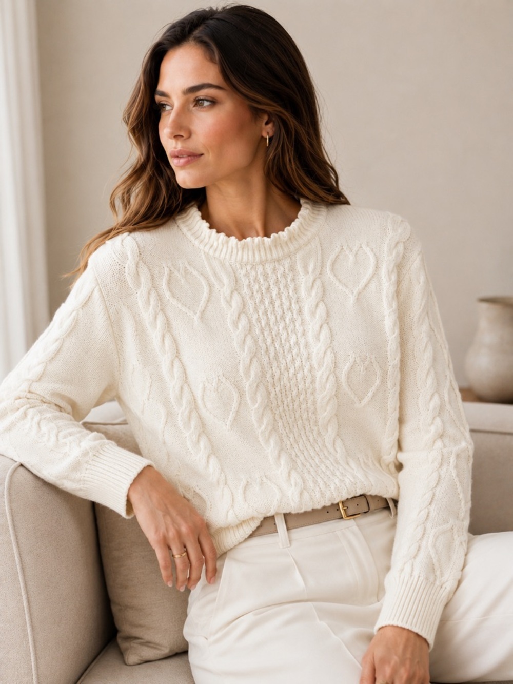 J.Crew White Heart Cable Knit Sweater | 100% Cotton | Scalloped Neck | Medium